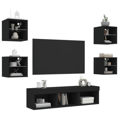 7-delige tv-wandmeubelset met LED bewerkt hout zwart