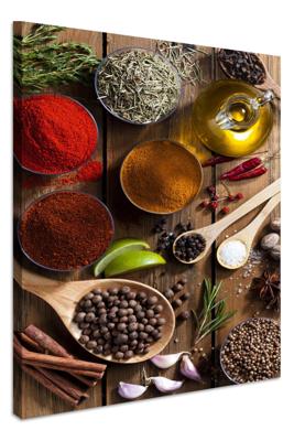 Schilderij - Kruiden en Specerijen op Tafel, Premium print dus super scherp