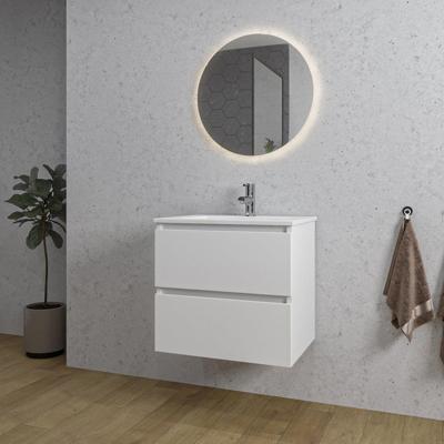Adema Chaci Badkamermeubelset - 60x46x57cm - 1 keramische wasbak wit - 1 kraangat - 2 lades - ronde spiegel met verlichting - mat wit SW1212762/SW804530/SW108325 Adema Chaci Badkamermeubelset - 60x46x57cm - 1 keramische wasbak wit - 1 kraangat - 2 lades - ronde spiegel met verlichting - mat wit SW1212762/SW804530/SW108325