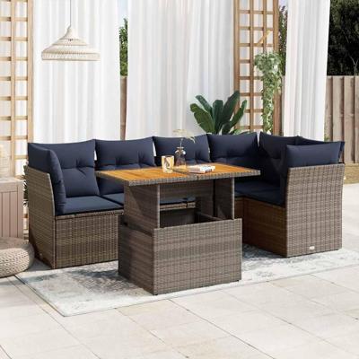6-delige Loungeset met kussens poly rattan grijs