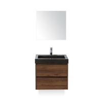 Dante Badmeubelset 60 cm - Walnoot - Wastafel Hardsteen Wit Lucca - met Spiegel - thumbnail