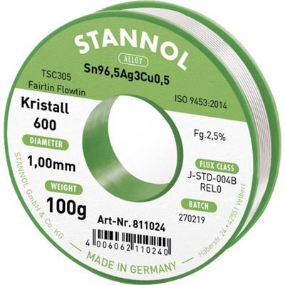 Stannol Kristall 600 Fairtin Soldeertin, loodvrij Loodvrij Sn96,5Ag3Cu0,5 REL0 100 g 1 mm Stannol Kristall 600 Fairtin Soldeertin, loodvrij Loodvrij Sn96,5Ag3Cu0,5 REL0 100 g 1 mm