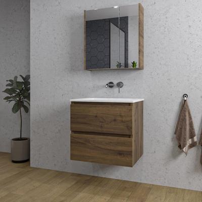 Saniclass Chaci Badkamermeubelset - 60x46x55cm - keramische wastafel wit - 1 wasbak - zonder kraangat - 2 lades - spiegelkast - noten (hout) SW804530/SW1212758/SW812073/SW773925