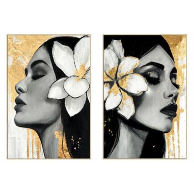 Schilderij Home ESPRIT Wit Zwart Grijs Gouden Vrouw (2 Stuks)