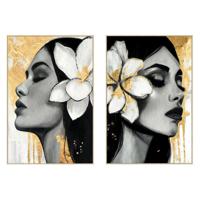 Schilderij Home ESPRIT Wit Zwart Grijs Gouden Vrouw (2 Stuks) - thumbnail