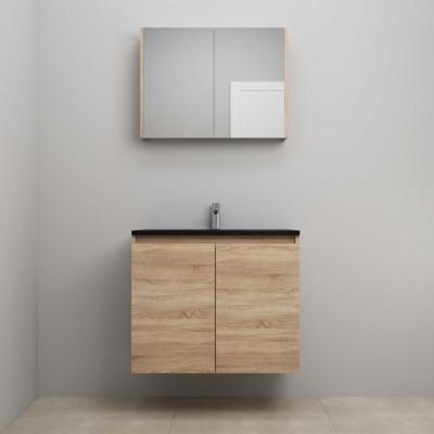 On-Line Badkamermeubelset - 80 cm - Bouwpakket - Greeploze Ladestructuur - Acryl Wastafel - 1 Kraangat - Spiegelkast - Eiken