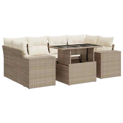 7-delige Loungeset met kussens poly rattan beige - thumbnail