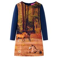 Kinderjurk met lange mouwen paardenprint 128 marineblauw - thumbnail