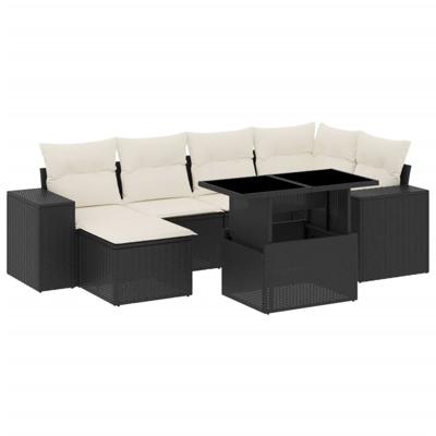 7-delige Loungeset met kussens poly rattan zwart