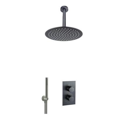 Fortifura Calvi Inbouw Regendoucheset - thermostatisch - plafondarm - 25cm hoofddouche - staaf handdouche - gladde doucheslang - geborsteld Gunmetal PVD SW720556/SW720558/SW721165/SW721170/SW766536/SW766