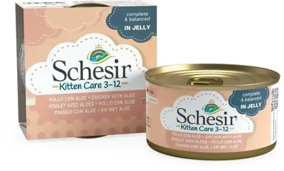 Schesir kittenvoer 3-12 maanden in gelei kip & aloe vera 85g