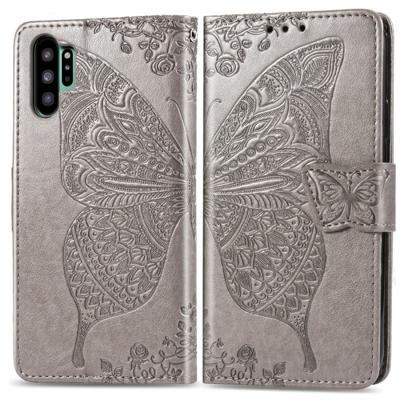 Butterfly Love bloemen reliëf horizontale Flip lederen case voor Galaxy Note10 Pro met houder & kaartsleuven & portemonnee & Lanyard (grijs)