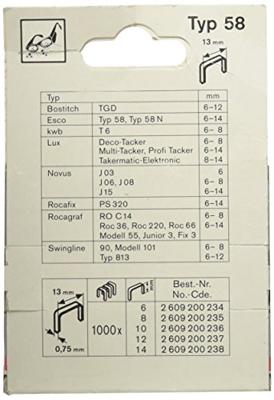 Bosch Accessories 2609200237 Nieten met fijn draad Type 58 1000 stuk(s) Afm. (l x b) 12 mm x 13 mm - thumbnail