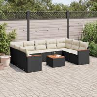 10-delige Loungeset met kussens poly rattan zwart - thumbnail