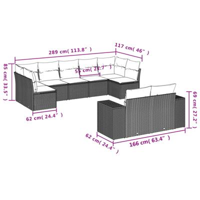 10-delige Loungeset met kussens poly rattan zwart - thumbnail
