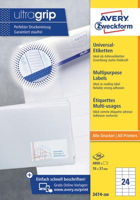 Avery-Zweckform 3474-200 70 x 37 mm Papier Wit 5280 stuk(s) Permanent hechtend Universele etiketten 220 vel DIN A4