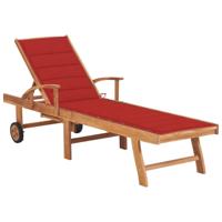 Ligbed met rood kussen massief teakhout - thumbnail