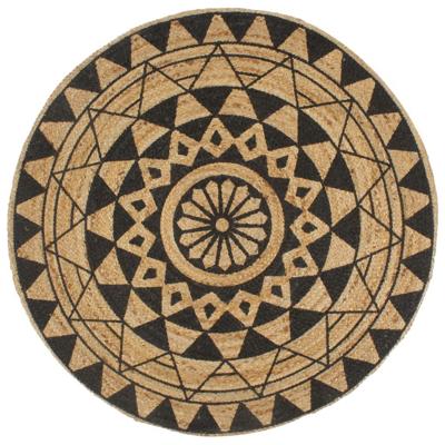 Vloerkleed handgemaakt met zwarte print 90 cm jute