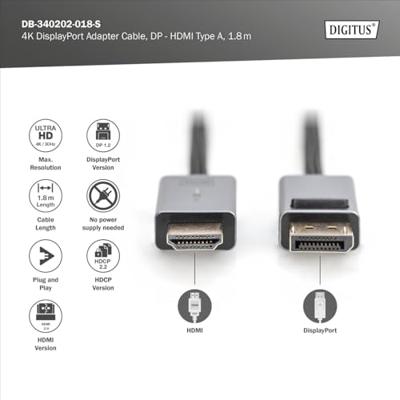 Digitus DB-340202-018-S HDMI-kabel HDMI Aansluitkabel HDMI-A-stekker, DisplayPort-stekker 1.8 m Zwart 4K UHD, Afgeschermd (drievoudig), Flexibel, Halogeenvrij