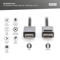 Digitus DB-340202-018-S HDMI-kabel HDMI Aansluitkabel HDMI-A-stekker, DisplayPort-stekker 1.8 m Zwart 4K UHD, Afgeschermd (drievoudig), Flexibel, Halogeenvrij - thumbnail
