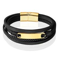 Mendes Multilayer Leren Armband voor Heren met Gouden Coating-21cm - thumbnail
