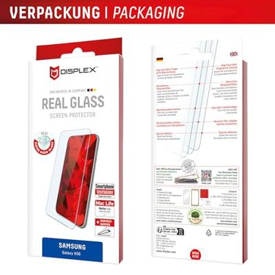 Displex Beschermglas voor Samsung Galaxy A56, eco-montageframe, volledige displayafdekking, gehard glas, krasbestendige beschermfolie, hoesvriendelijk (Real Glass 2D)