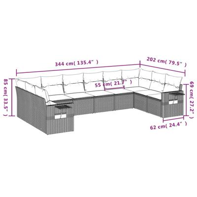 10-delige Loungeset met kussens poly rattan zwart