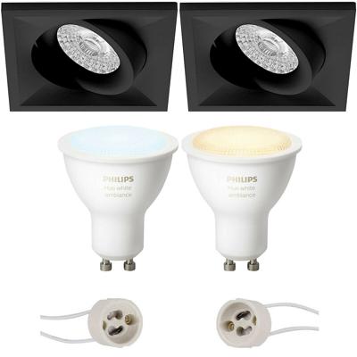 GU10 Inbouwspot Set - Mat Zwart - Inbouw Vierkant - Kantelbaar - Philips Hue - White Ambiance - Bluetooth - Pragmi Qiundo Pro - 80mm