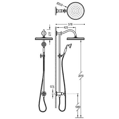 Tres Clasic glijstang set met regendouche 108 cm vintage chroom
