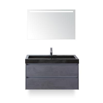 Dante Badmeubelset 100 cm - Beton Antraciet - Wastafel Hardsteen Wit Lucca - met Sence Spiegel