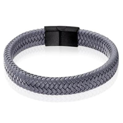 Gevlochten Leren Armband Heren Edelstaal Sluiting Grijs Zwart-22cm Gevlochten Leren Armband Heren Edelstaal Sluiting Grijs Zwart-22cm