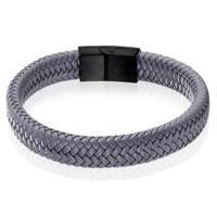 Gevlochten Leren Armband Heren Edelstaal Sluiting Grijs Zwart-22cm - thumbnail