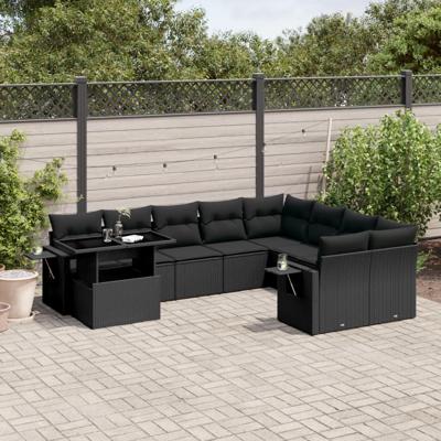 10-delige Loungeset met kussens poly rattan zwart - thumbnail