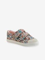 Stoffen sneakers met klittenband en print voor meisjes beige met bloemen - thumbnail