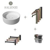 Salenzi Waskomset Hide Circle 40x12 cm Incl Hoge Kraan Mat Wit - thumbnail