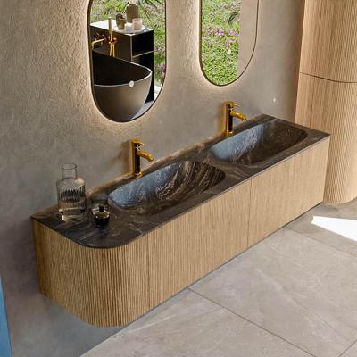 Mondiaz KURVE-DLUX 165 cm Onderkast Greeploos 2 Lades Met Deuren Oak, Wastafel Solid Surface Rechts Lava 2 Kraangaten Zonder Spiegel (KRVSTS165L2L1D2KD-Oak/Lav)