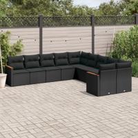 10-delige Loungeset met kussens poly rattan zwart - thumbnail