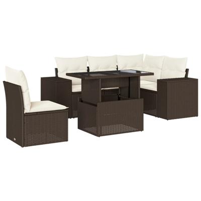 6-delige Loungeset met kussens poly rattan bruin