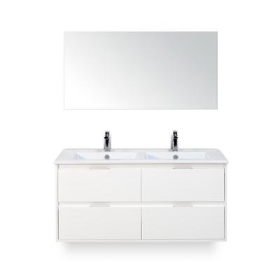 Porto Badmeubelset 120 cm - 4 laden Wit Hoogglans - Keramische Wastafel Wit Slim - met Spiegel