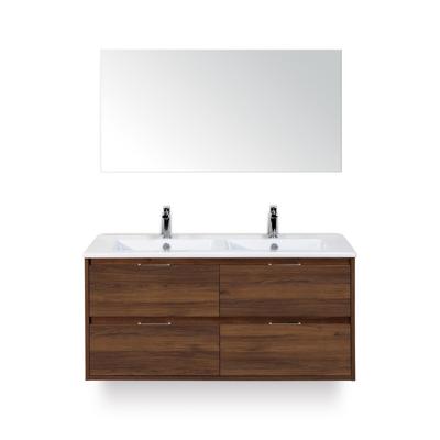 Porto Badmeubelset 120 cm - 4 laden Walnoot - Keramische Wastafel Wit Slim - met Spiegel