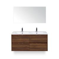 Porto Badmeubelset 120 cm - 4 laden Walnoot - Keramische Wastafel Wit Slim - met Spiegel - thumbnail