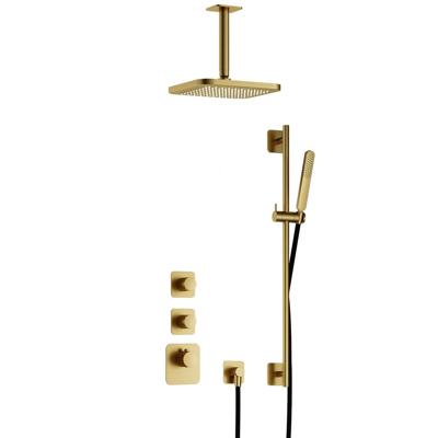 Hotbath Gal - Inbouw Regendoucheset - Geborsteld Messing PVD - 2 Stopkranen - Thermostatisch - Plafondbuis 15 cm - Hoofddouche 220 mm - Staafhanddouche - Glijstang 900 mm - V01