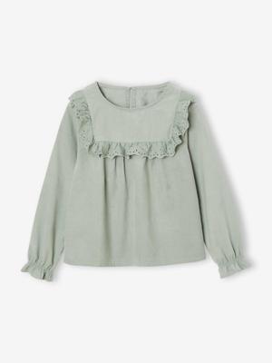 Fluwelen meisjesblouse met ruches en Engels borduursel groengrijs