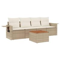 5-delige Loungeset met kussens poly rattan beige - thumbnail