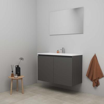 On-Line Badkamermeubelset - 100 cm - Voorgemonteerd - Greeploos 2 Deuren - Acryl Wastafel - 1 Kraangat - Spiegel - Mat Antraciet