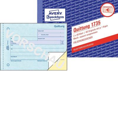 Avery-Zweckform 1735 Kwitantieformulier DIN A6 liggend Aantal paginas: 40 Wit 80 vellen Avery-Zweckform 1735 Kwitantieformulier DIN A6 liggend Aantal paginas: 40 Wit 80 vellen