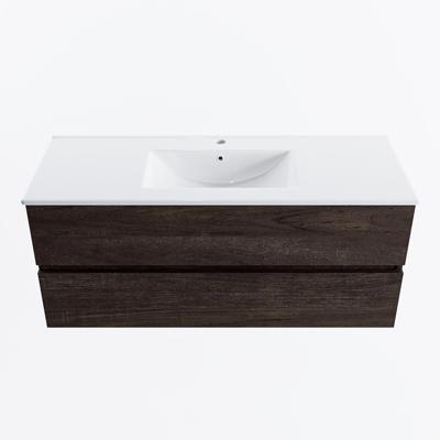 MONDIAZ VICA 120cm badmeubel onderkast Dark Brown 2 lades. Wastafel DENIA midden 1 kraangat, kleur Glanzend Wit.