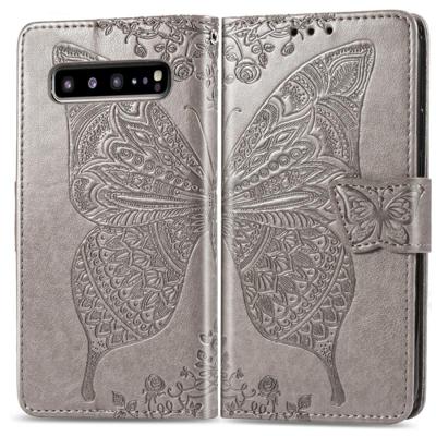 Butterfly Love bloemen reliëf horizontale Flip lederen case voor Galaxy S10 5G met houder & kaartsleuven & portemonnee & Lanyard (grijs)