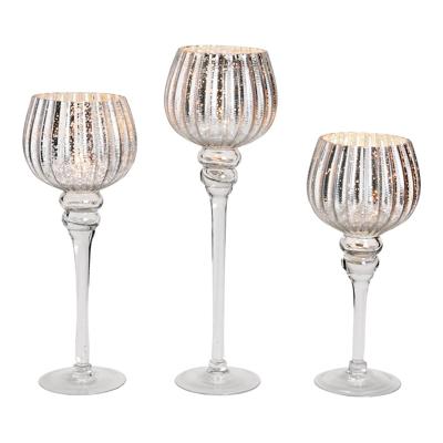 Windlichtset kelk geribbeld, 30, 35, 40 cm x Ø13 cm van glas, zilverkleurig, set van 3