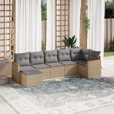 7-delige Loungeset met kussens poly rattan gemengd beige